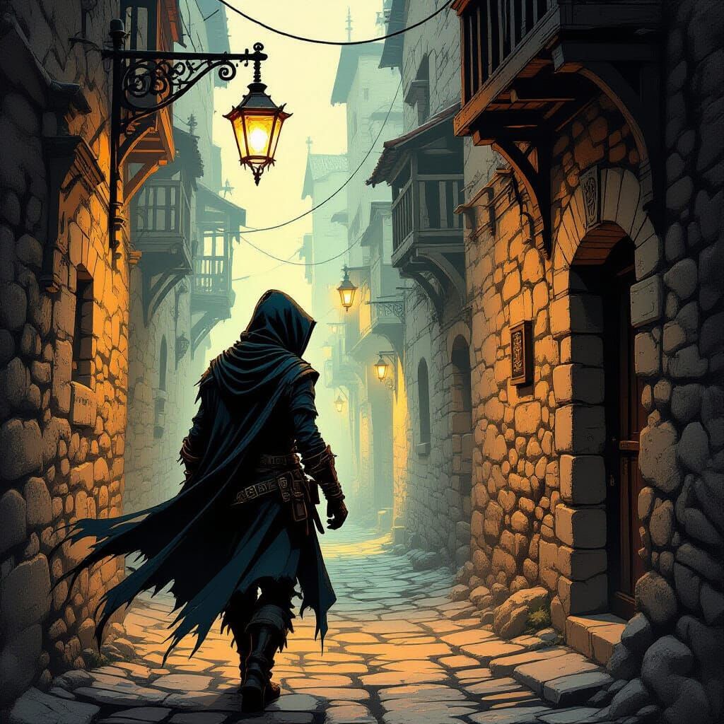 Hooded Rogue in Shadowy Alleyway by Antique Lantern
