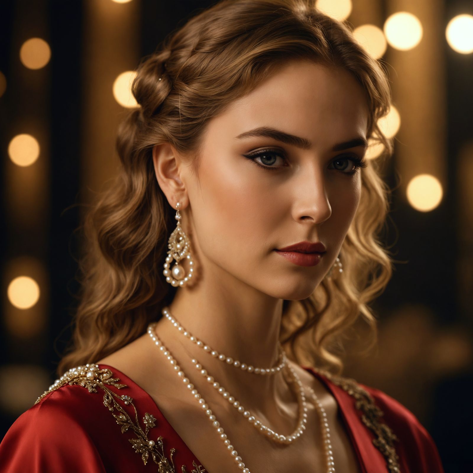 Elegant Woman in Silk Dress with Pearl Jewelry