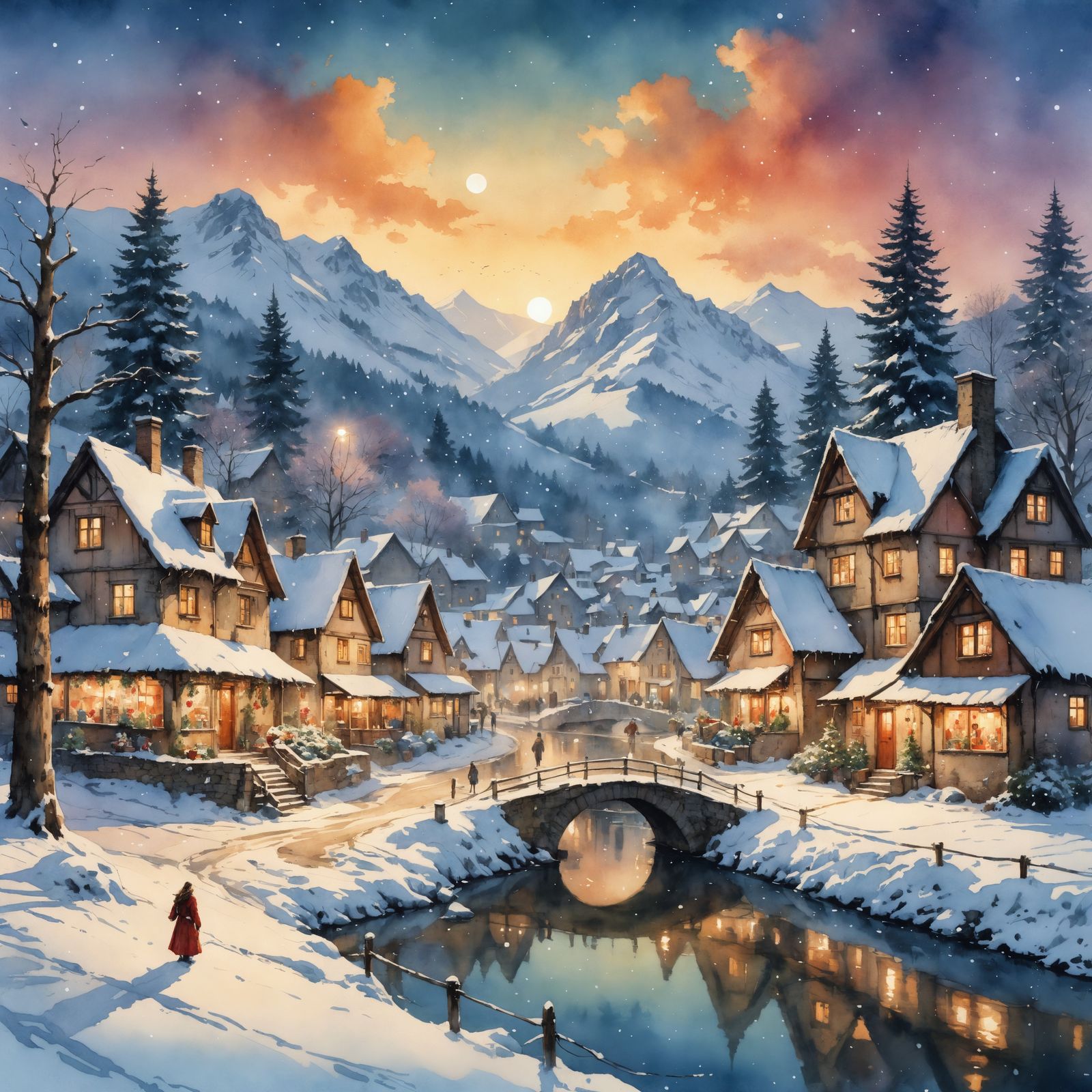 Whimsical Watercolor Winter Wonderland Scene