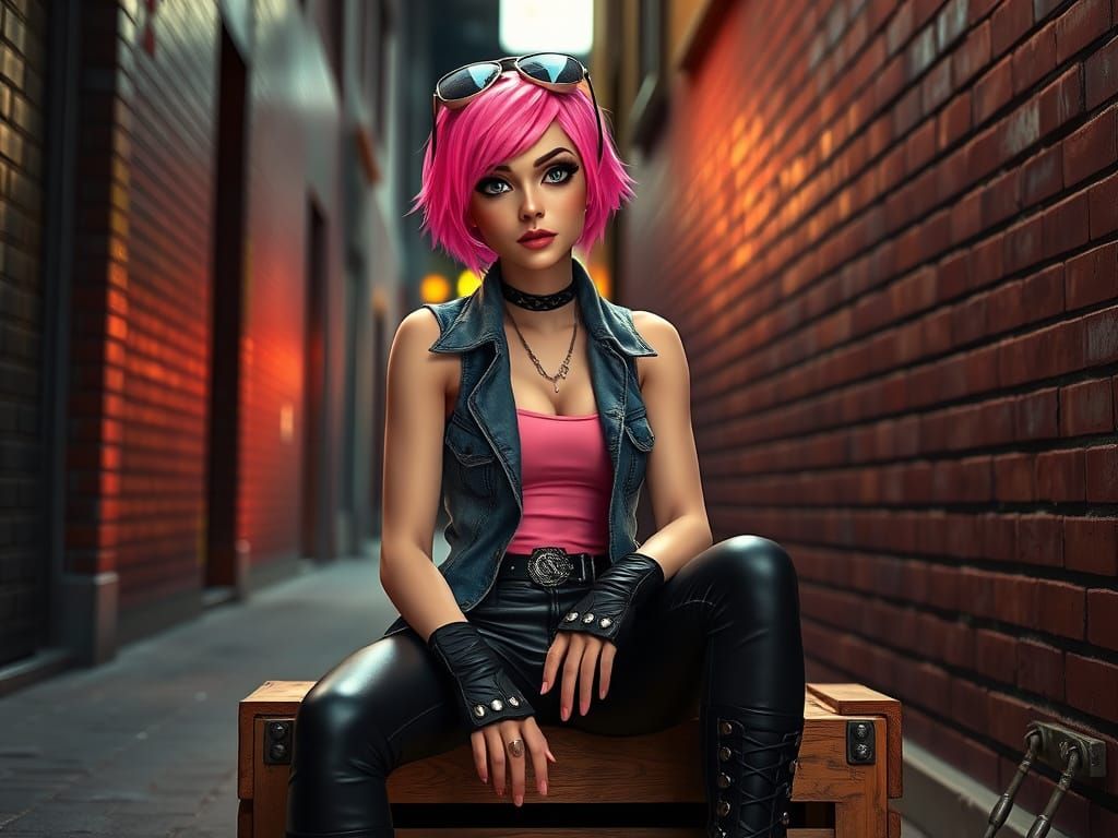 Punk Biker Lady in City Alley, 3D Digital Art