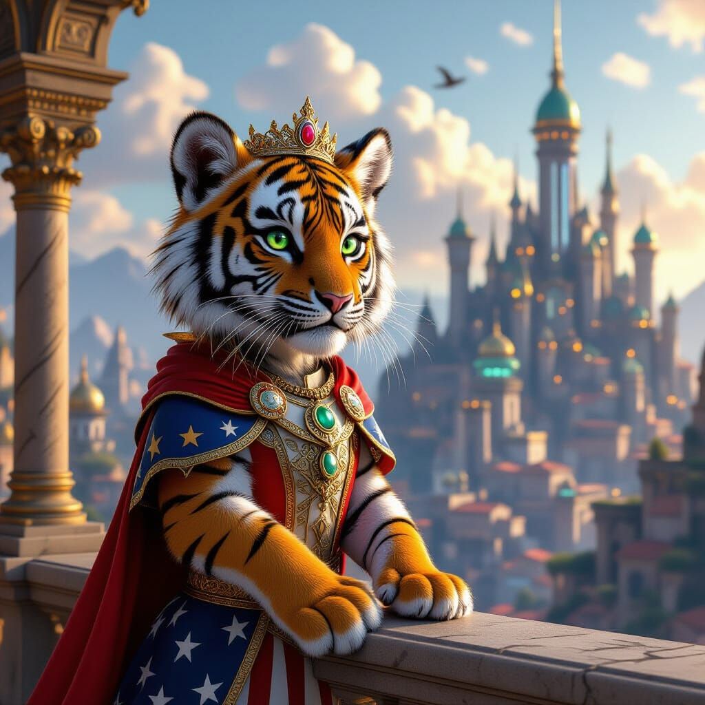 Tiger Princess in Regal Attire Overlooking Fantastical Citys...