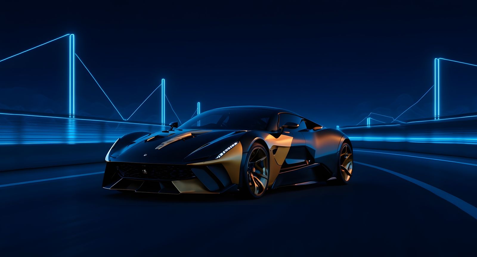 Futuristic Black Sports Car With Gold Highlights and Cyber A...