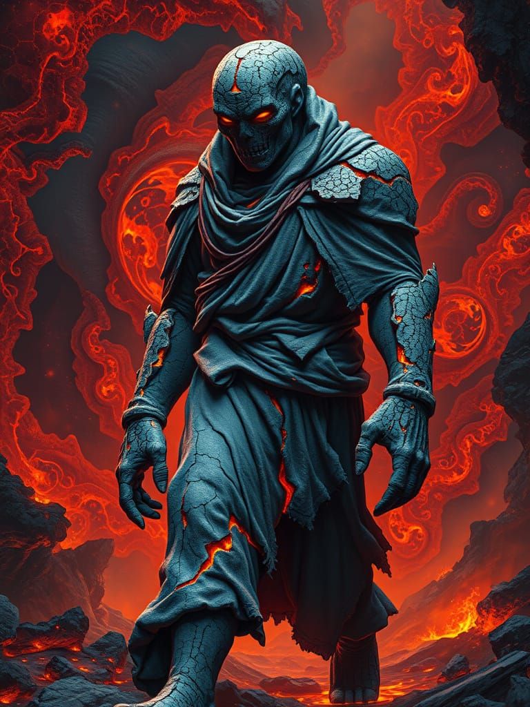 Stone Golem in Netherworld with Fiery Fractal Backdrop