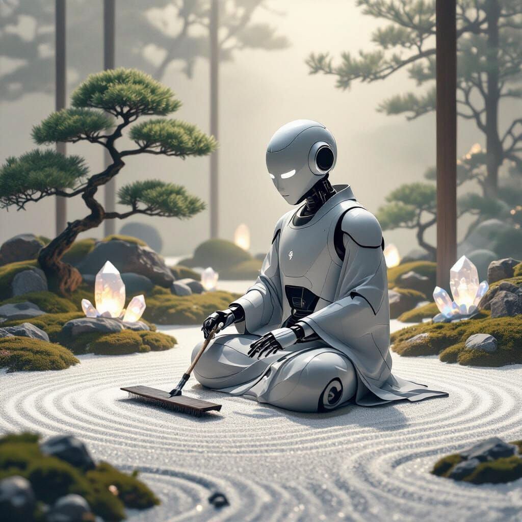 Robot Monk Contemplating Zen Garden as Ink Wash Painting