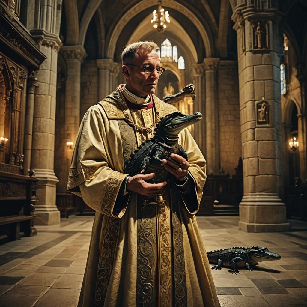 Alligator Bishop Holding Newborn in Cathedral