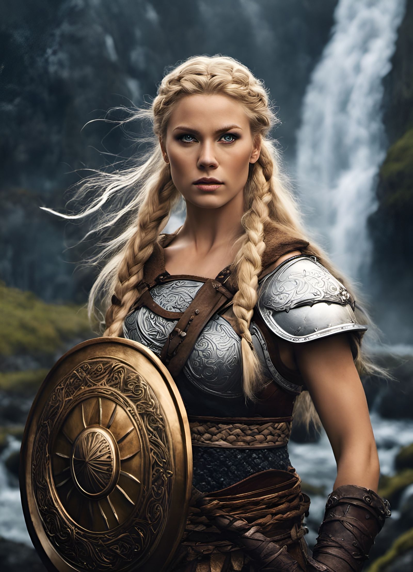 Fierce Viking Shield Maiden Against Waterfall Backdrop
