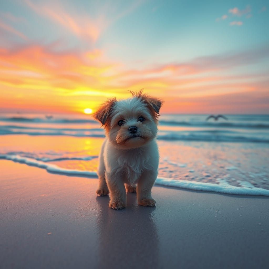Surreal Sunset Scene with Adorable Dog on Pristine Beach