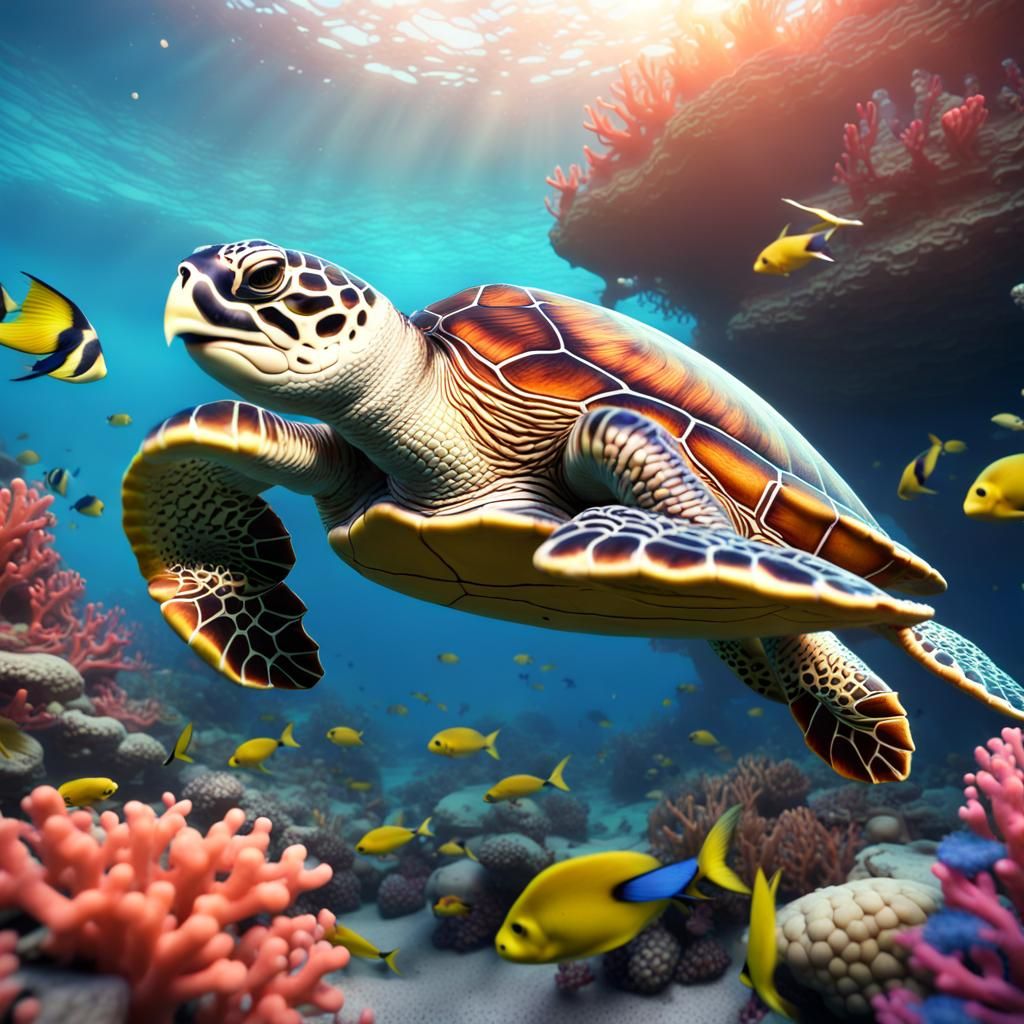 Sea Turtle Swimming in Colorful Coral Reef