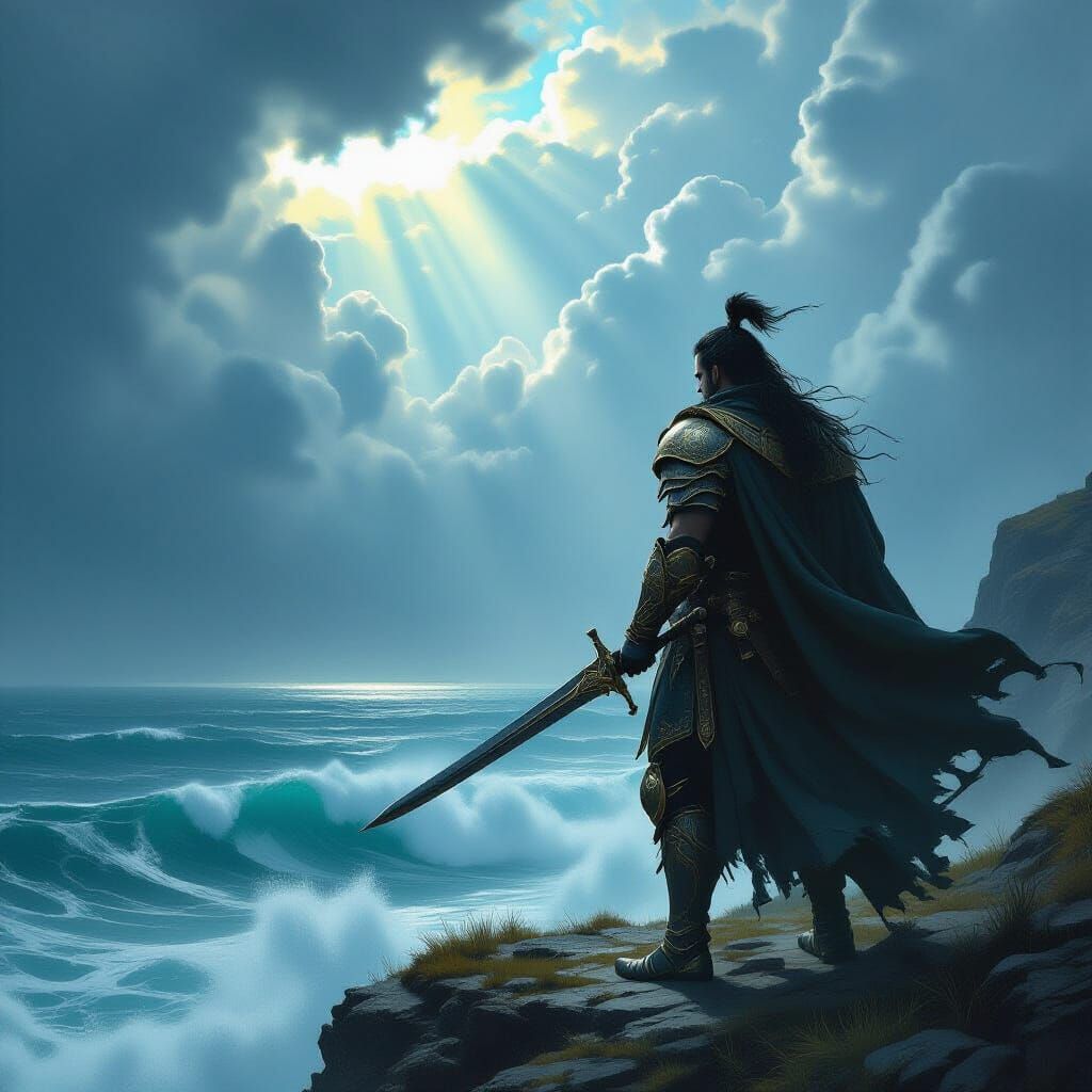 Armored Warrior Stands Against Tempest, Dark Fantasy Art