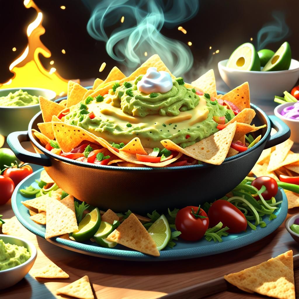 Steaming Nachos with Guacamole in Anime Style