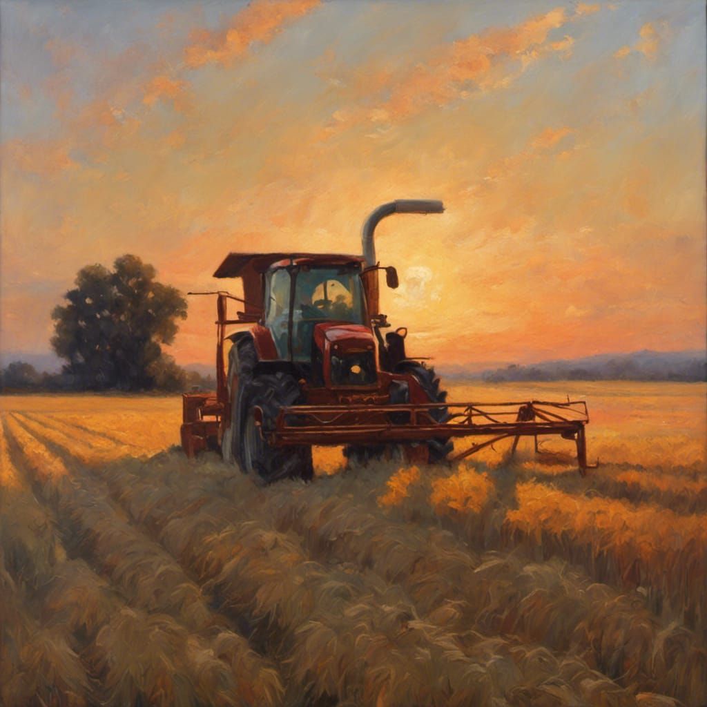 Wheat Harvest at Sunset: An Oil Painting
