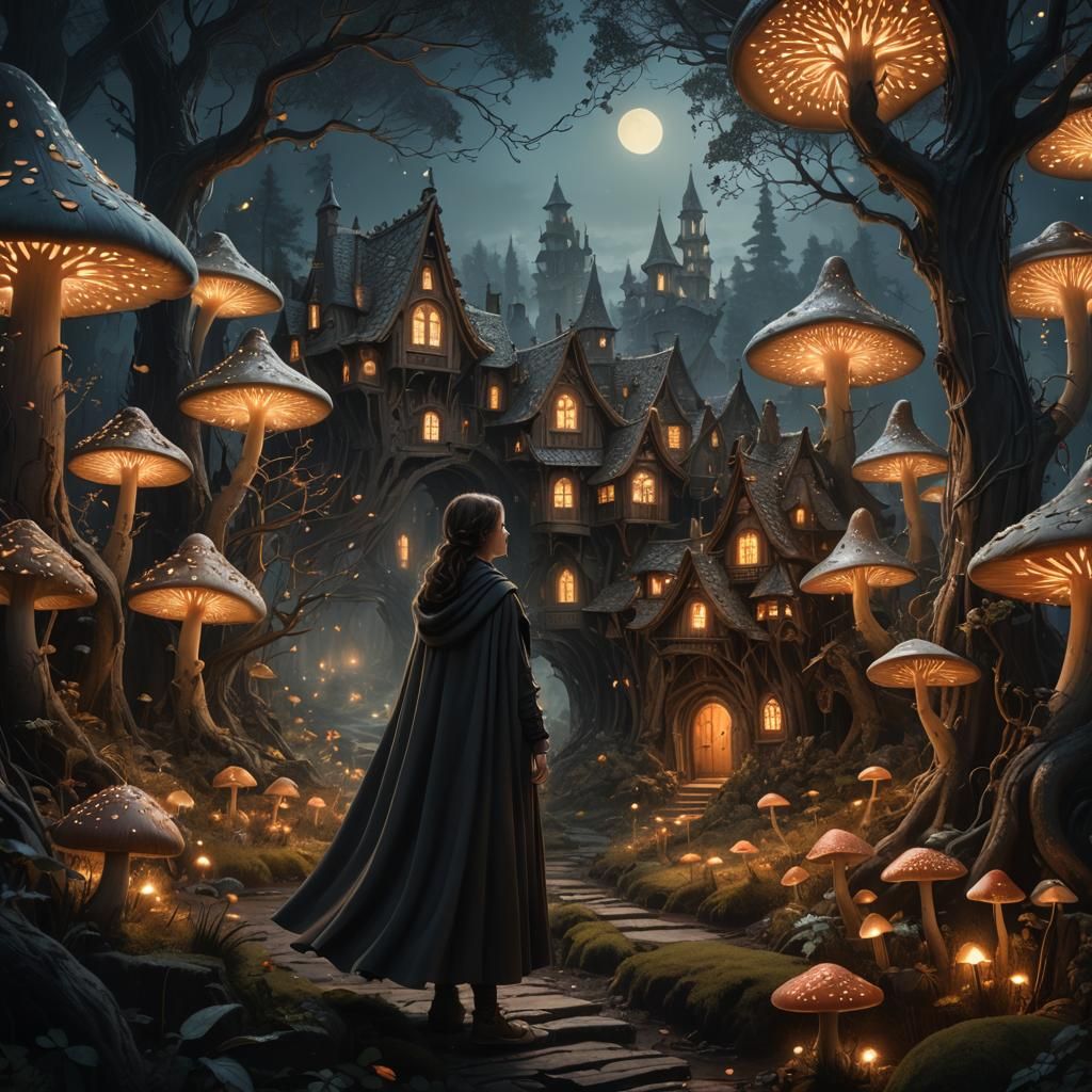 Whimsical Mushroom Village in Dark Forest, Fantasy Art