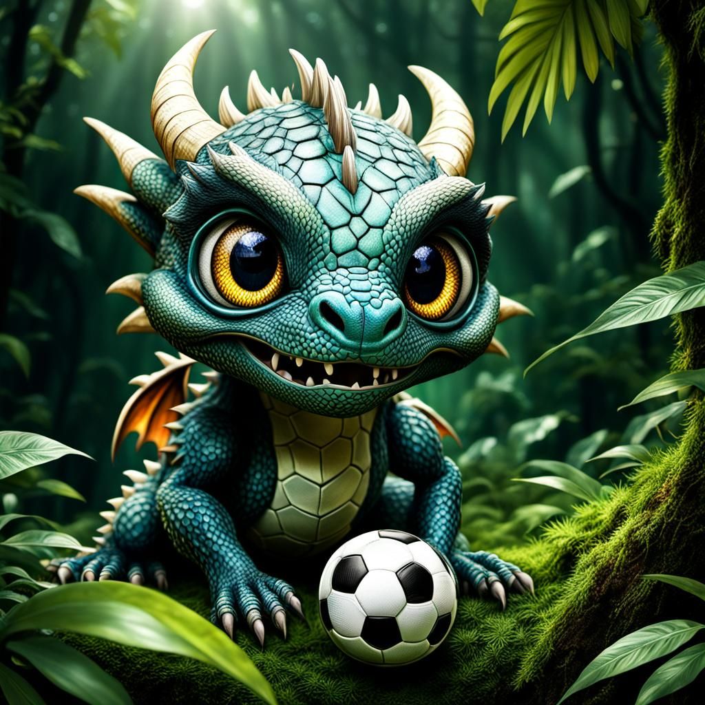 Cute Soccer Ball Dragon in Jungle, Hyperrealistic