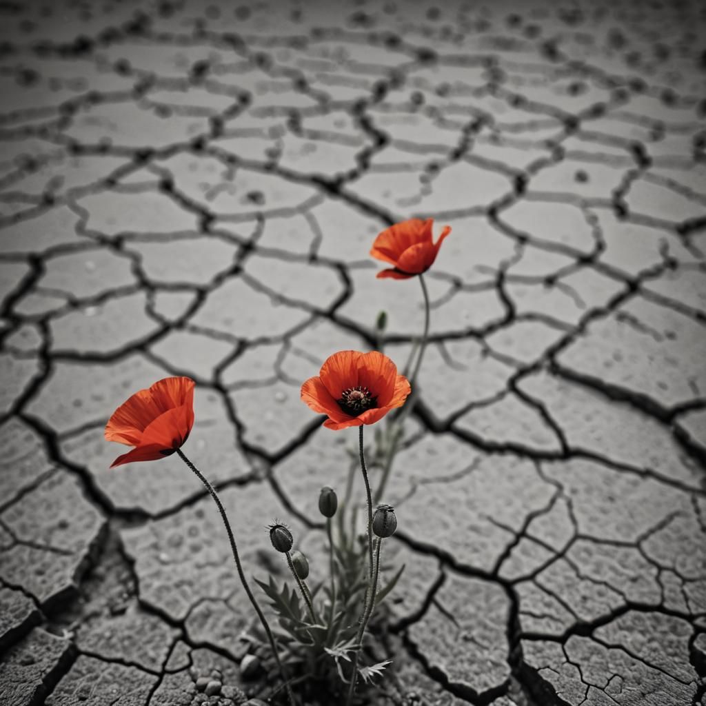 Red Poppy Blooms in Arid Desert Landscape