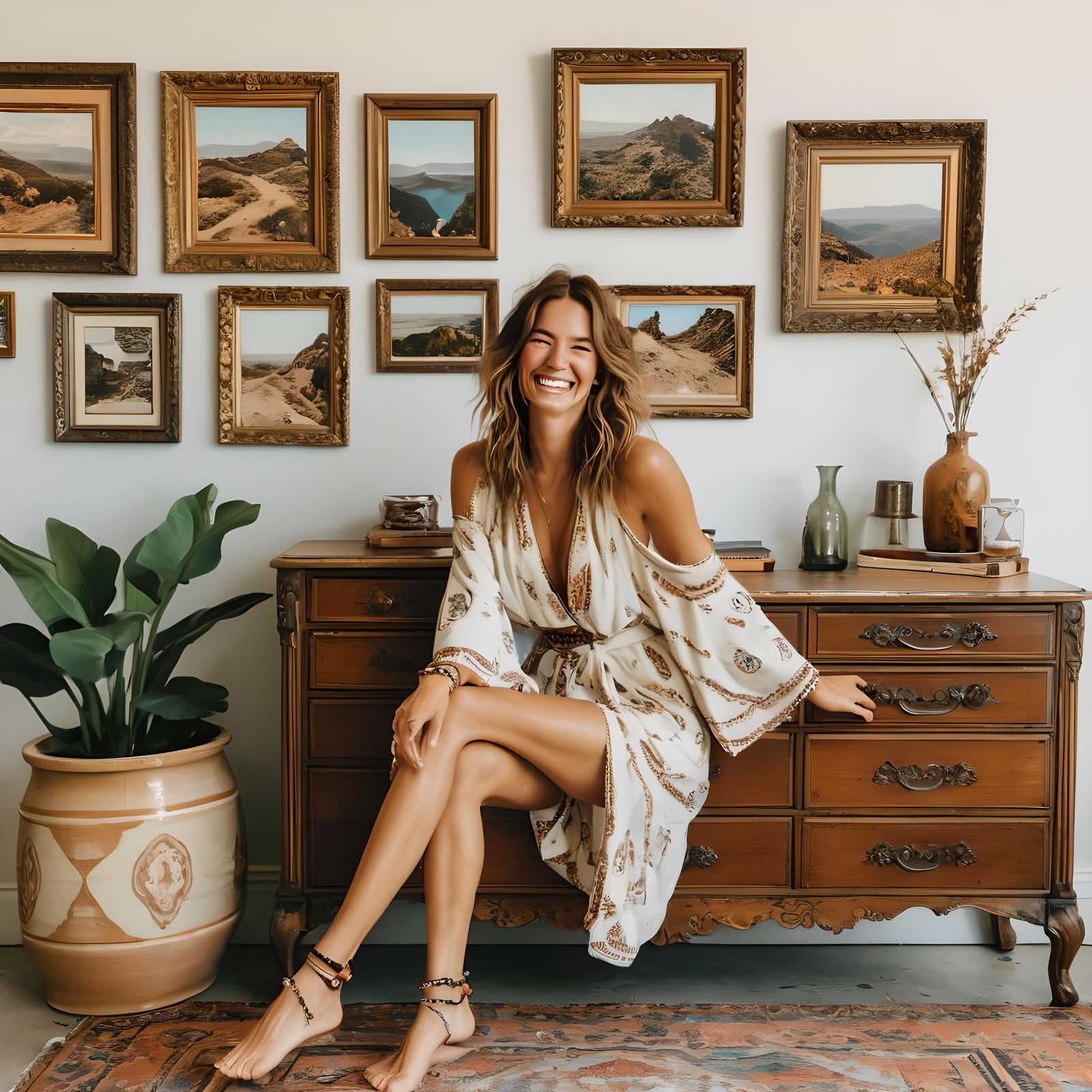 Boho Woman on Vintage Dresser, Smiling