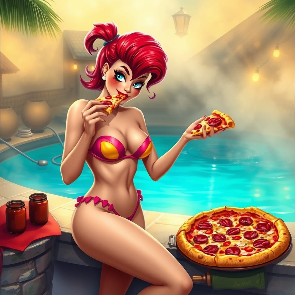 Jessica Rabbit Enjoys Pizza in Dreamy Fantasy Setting