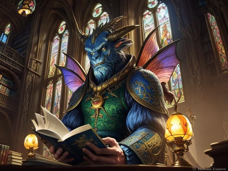 Dragon Reading in Library: Fantasycore Storybook Scene