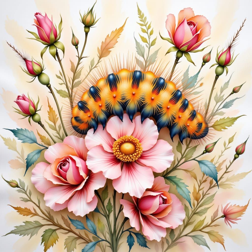 Furry Caterpillar on Roses, Watercolor Gouache Style