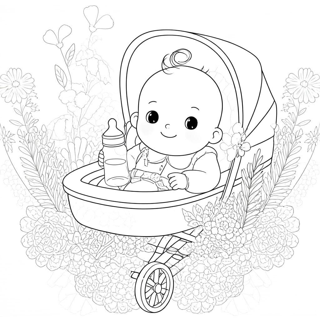 Baby in Stroller: Black and White Coloring Page