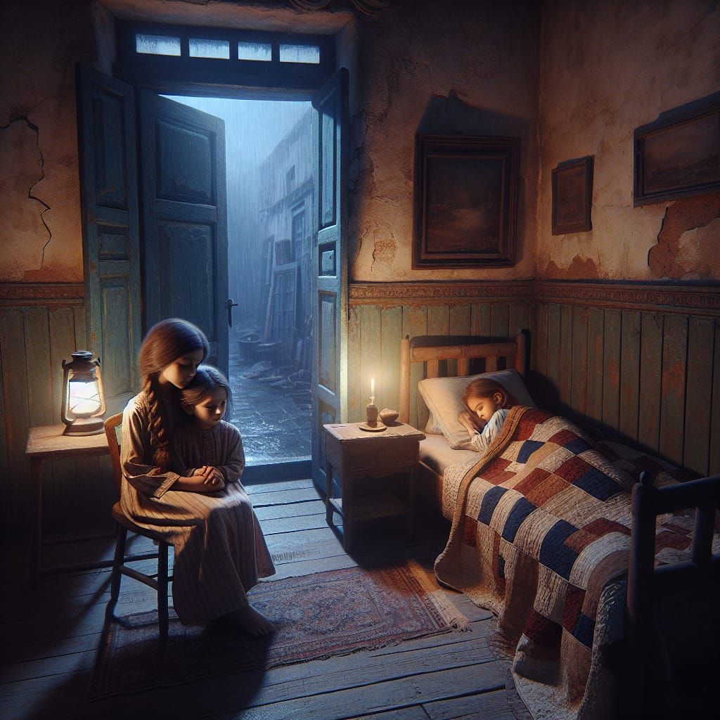 Cozy Rustic Bedroom at Night with Rain and Lantern Light