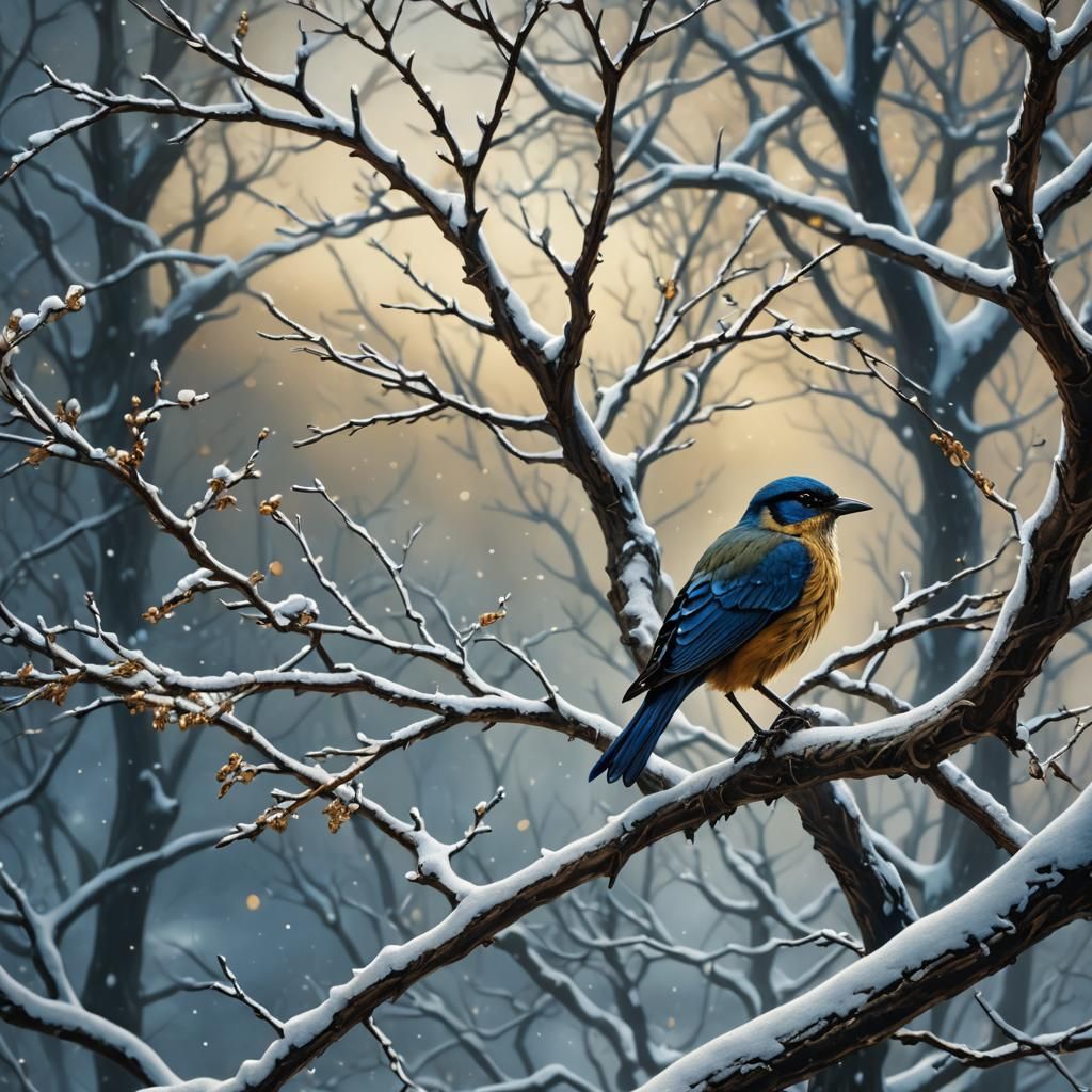 Winter Tree and Bird in Dark Fantasy Style