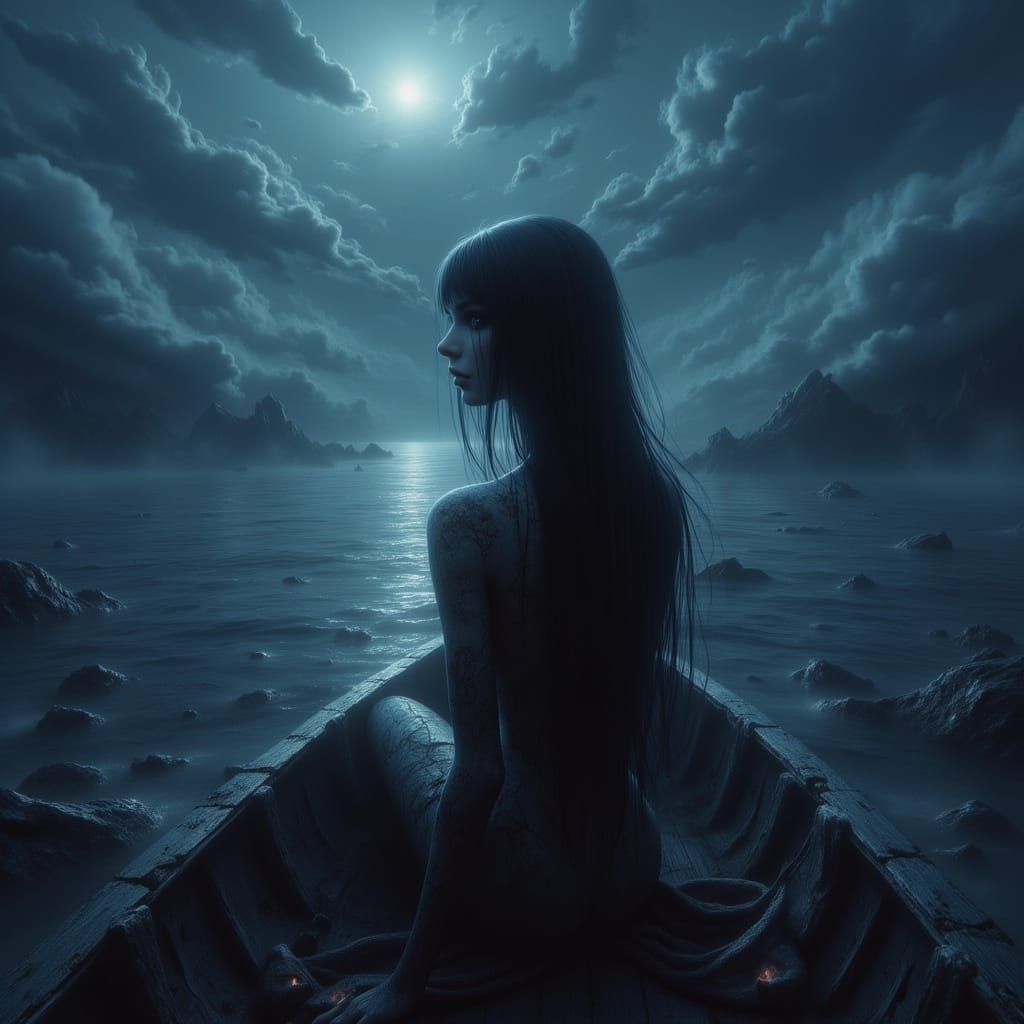 Ominous Seaside: Girl on Boat in Matte Painting Style