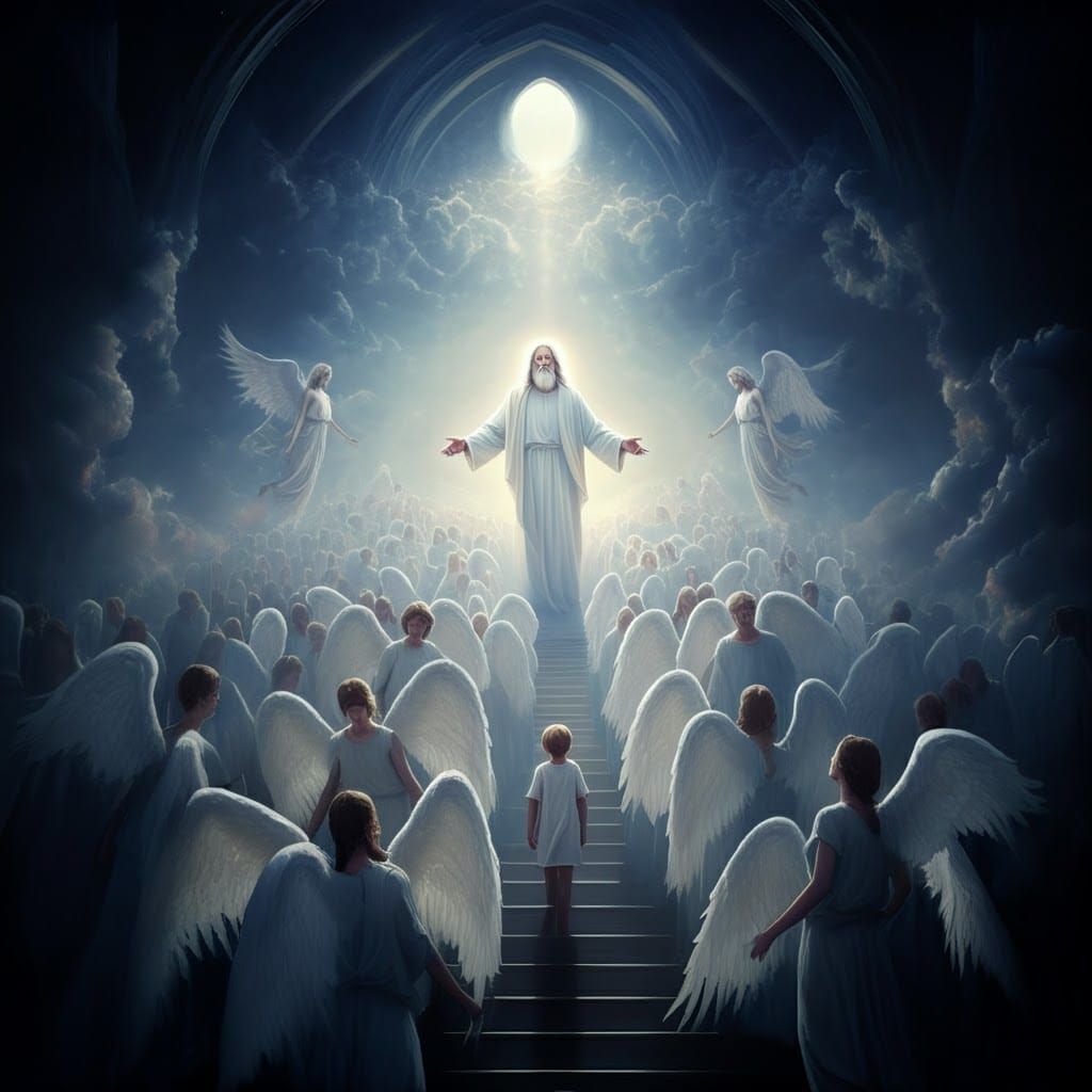 Surreal Landscape with God, Family, and Angels in Celestial...