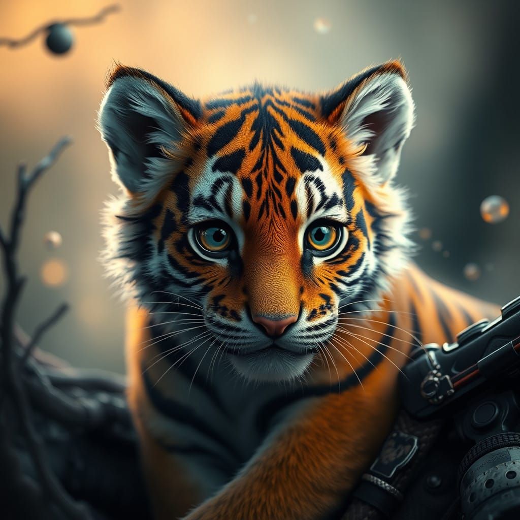 Whimsical Tiger Cub Dreams of Futuristic Huntress