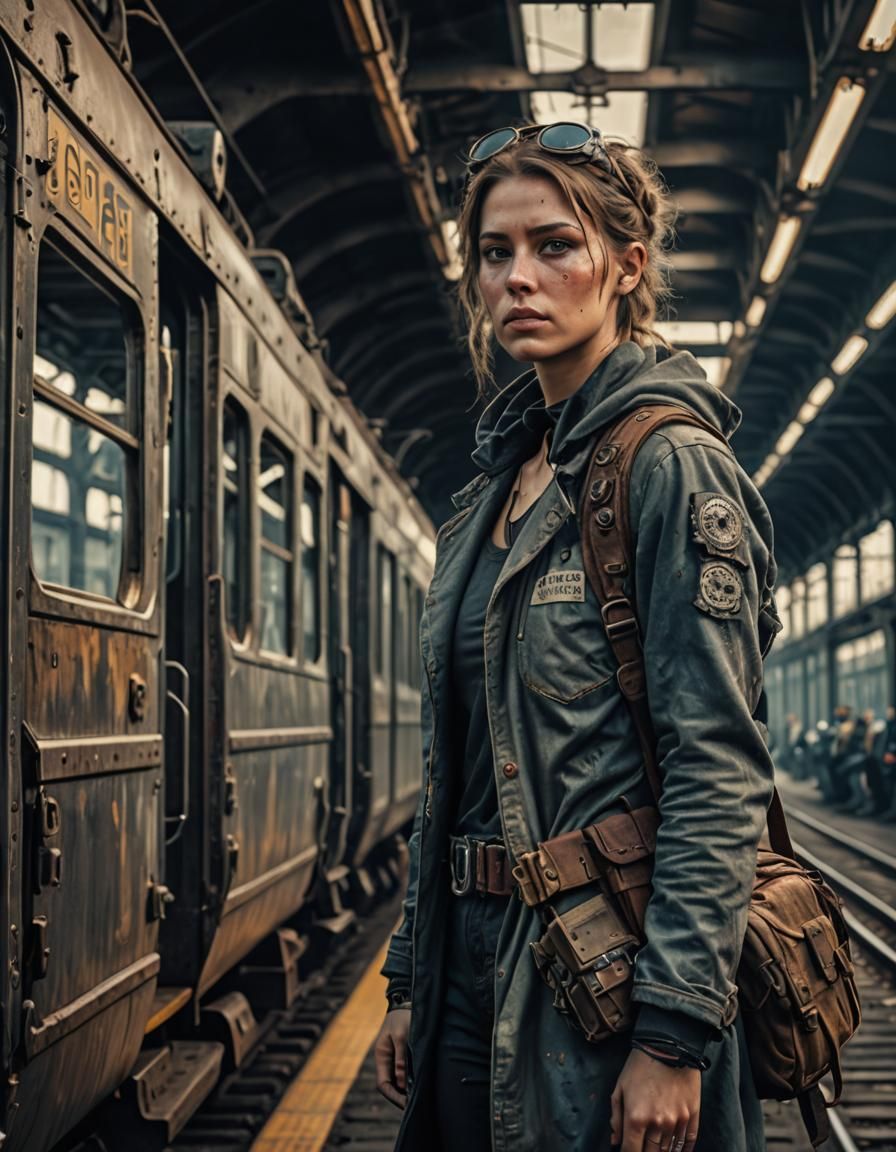 Cyberpunk Woman Awaits Train in Apocalyptic Cityscape