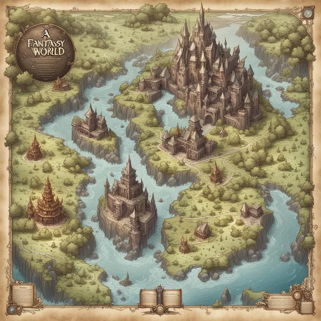 Fantasy World Map Illustration in Comic Book Style