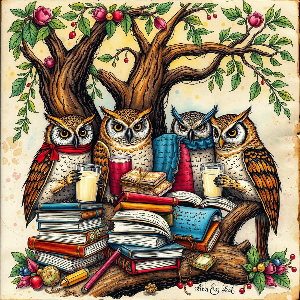 Whimsical Study Session of Owls with Ancient Texts