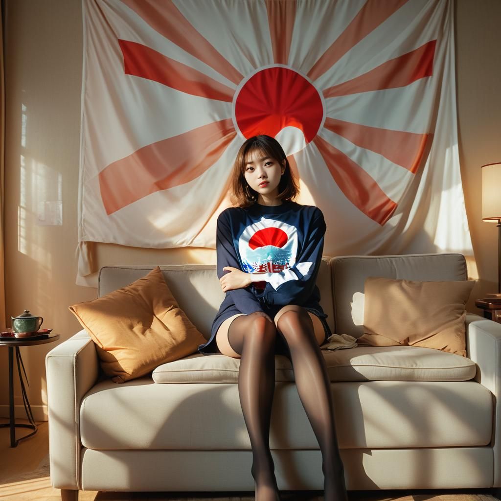 Woman on Sofa with Rising Sun Flag: Cinematic Style