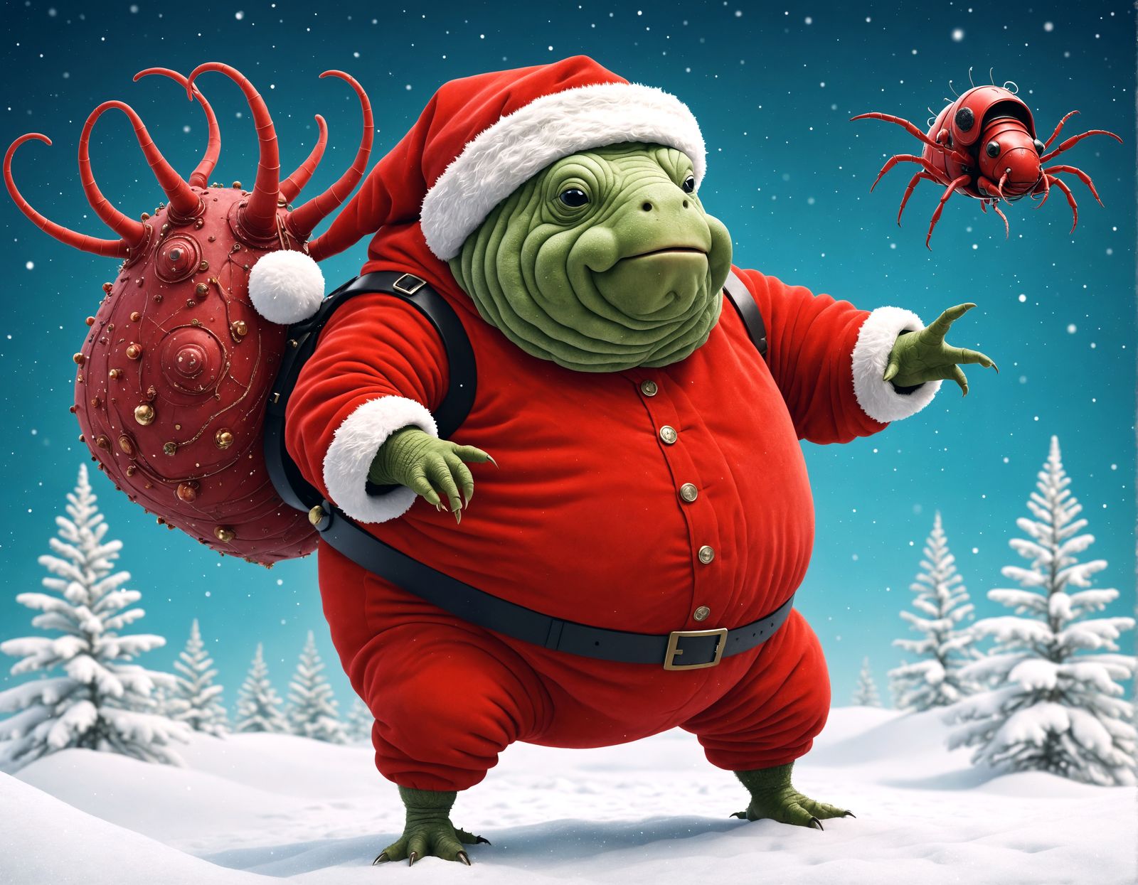 Surreal Christmas Santa Tardigrade Scene