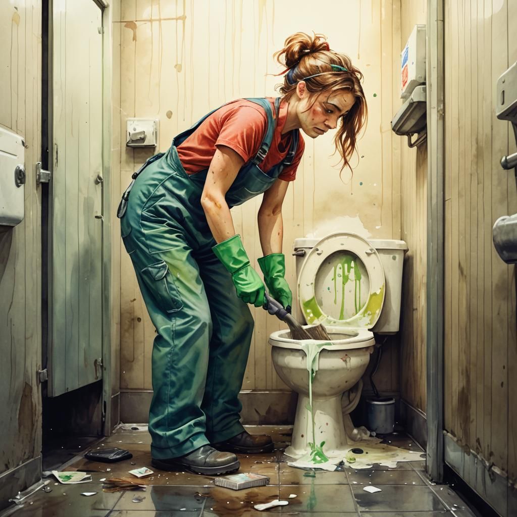 Beautiful Janitor Cleans Filthy Toilet with Scrub Brush and....