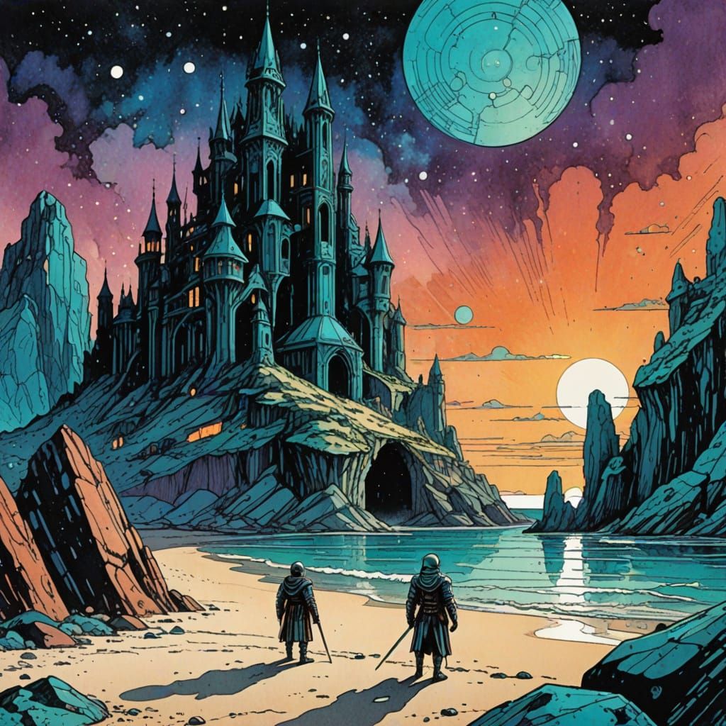 Death Meets Knight on Surreal Beach in Sci-Fi Art