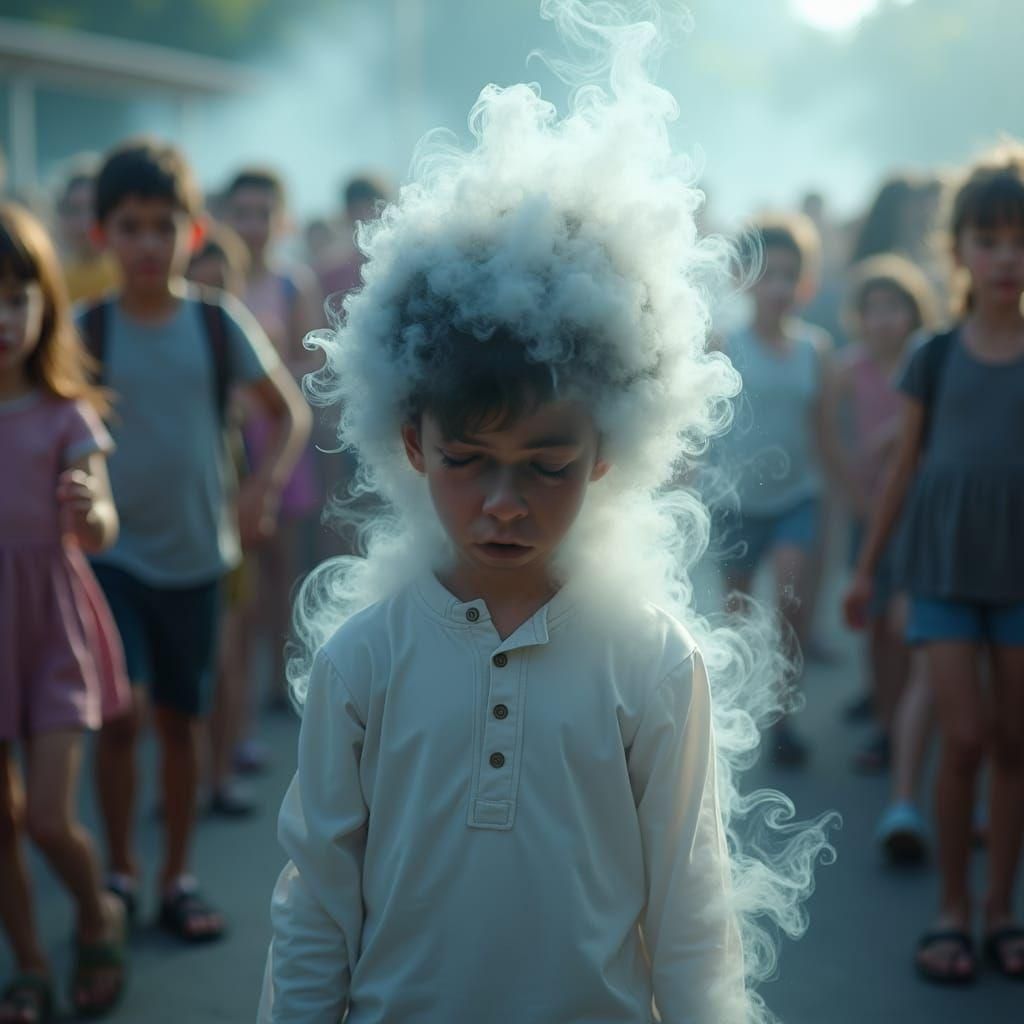 Sad Child Figure Made of Smoke and Vapor