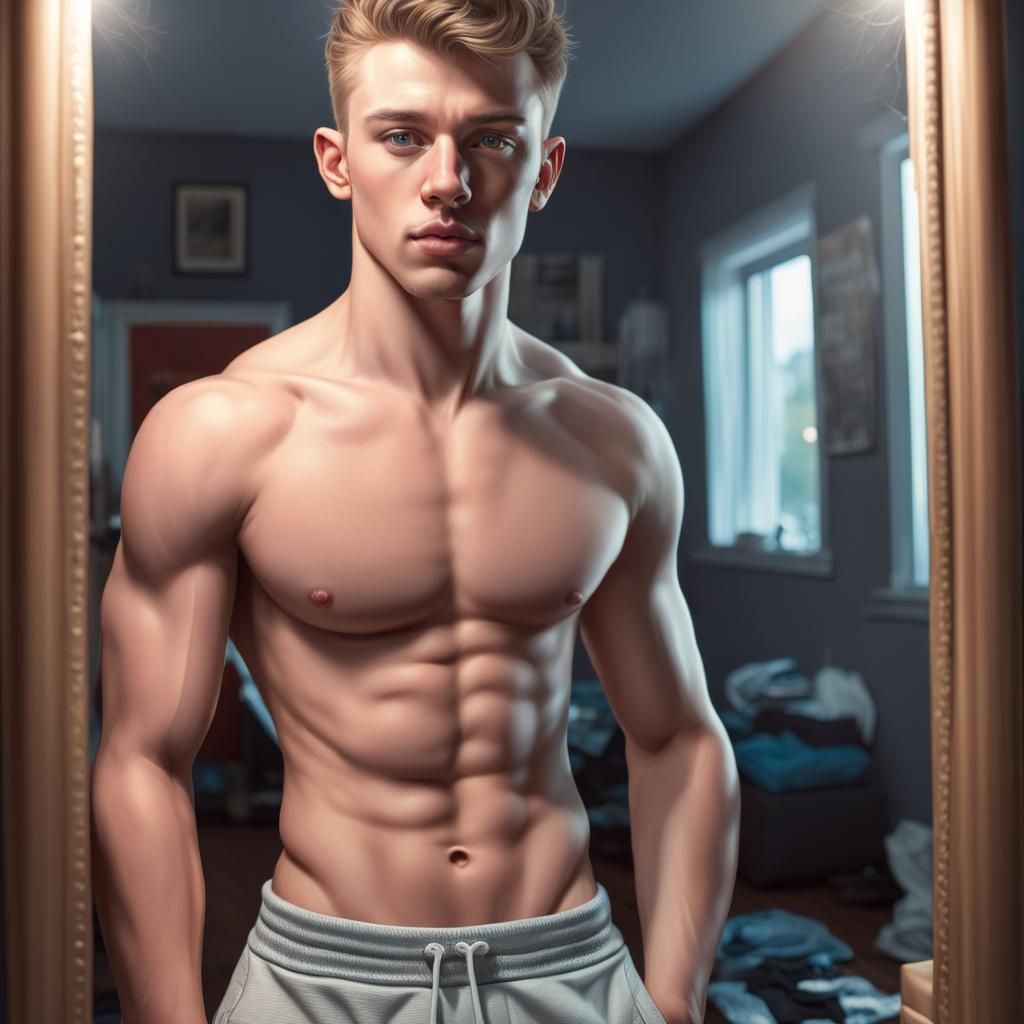 Hyperrealistic Portrait of a Young Man in Mirror