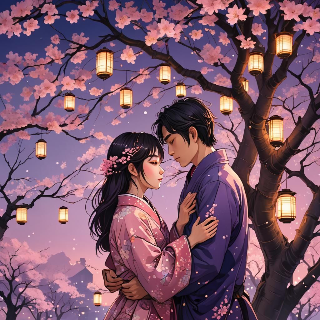 Lovers Under Cherry Blossoms: Ukiyo-e Style
