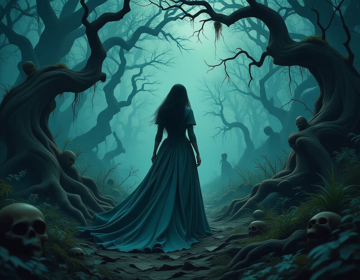 Sinister Haunted Forest with Damsel in Distress