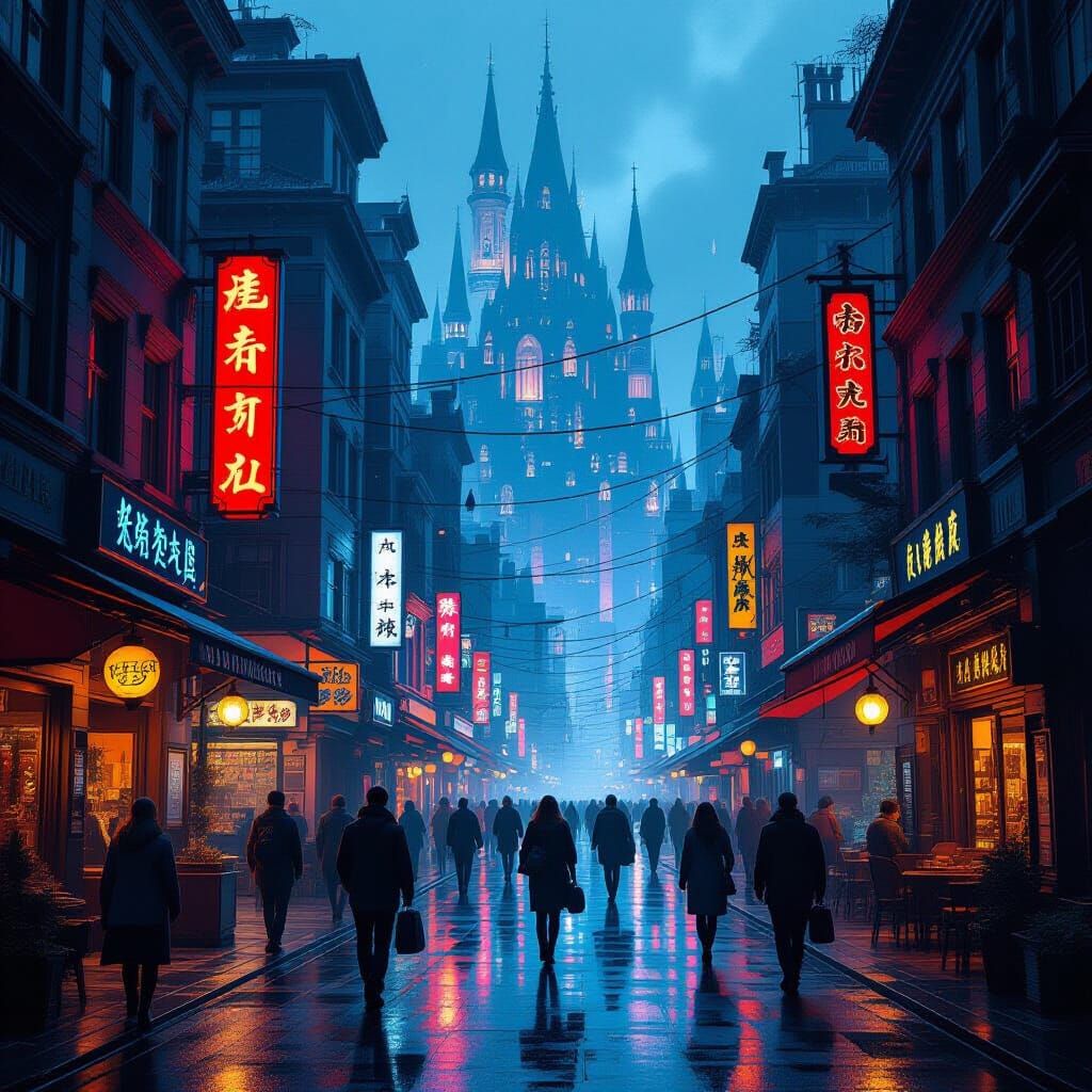 Bustling Cityscape with Dramatic Lighting and Intricate Text...
