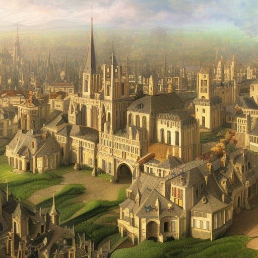 Neo-Medieval Art Nouveau Garden City Painting
