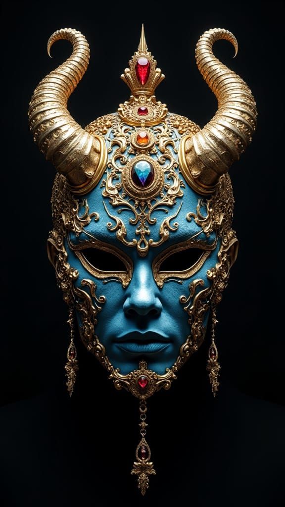 Regal Menace: A Baroque-Futuristic Mask in Azure and Gold