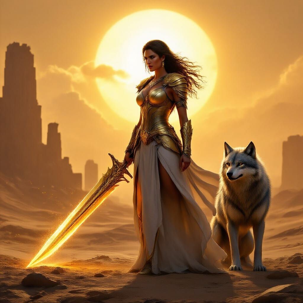 Warrior Woman with Direwolf in Desert Ruins