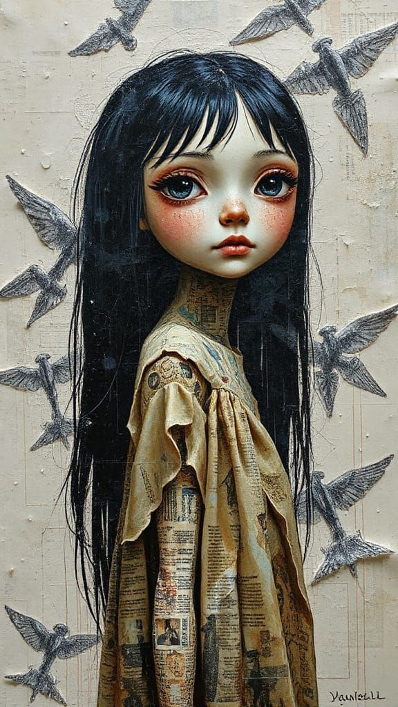 Collaged Doll Portrait in Ethereal Mixed Media Style