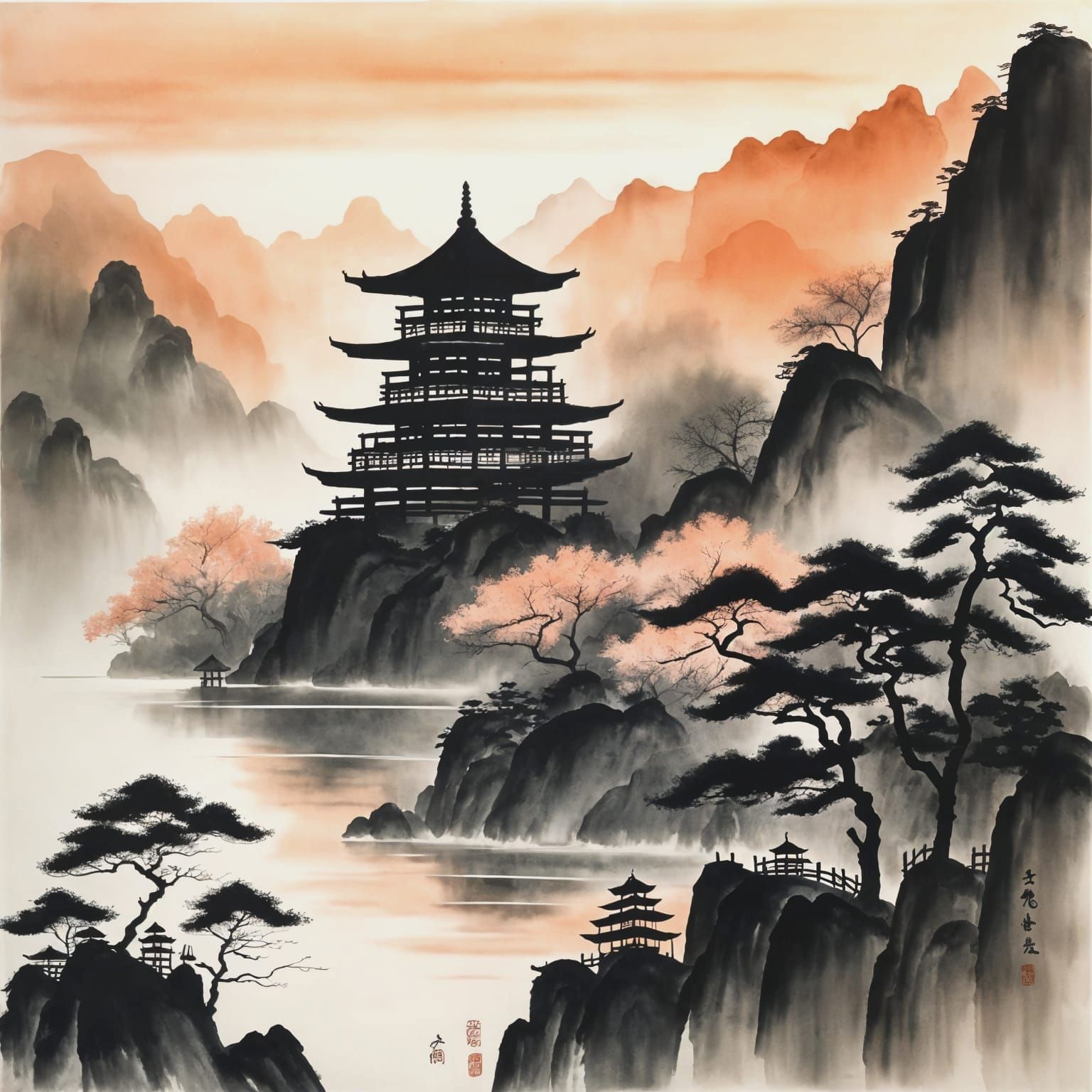 Serene Winter Temple in Chinese Ink Style
