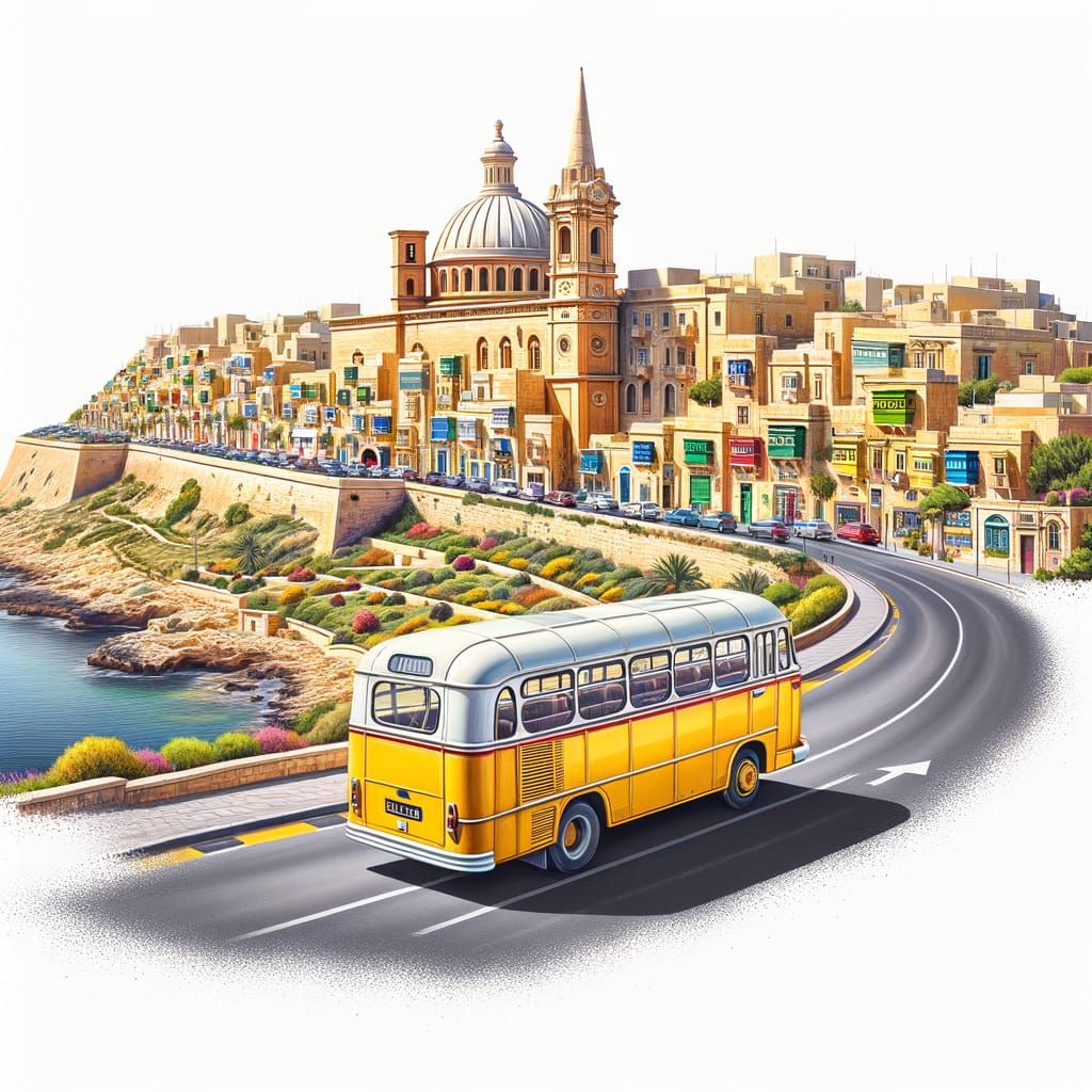 A yellow bus from Malta driving around Malta.