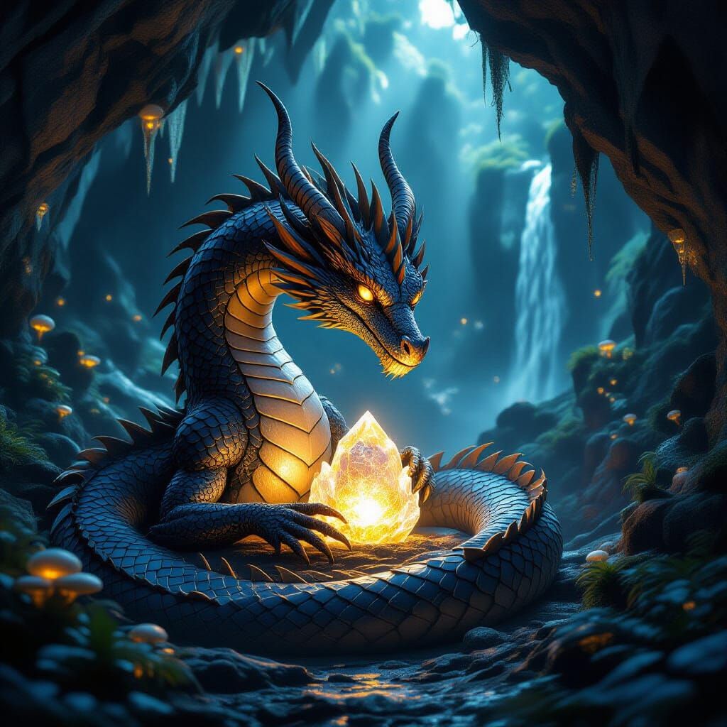 Ancient Obsidian Dragon Guards Ethereal Crystal