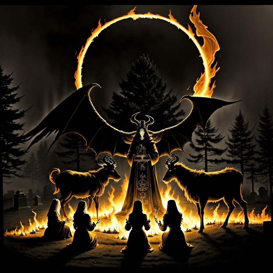 Baphomet Rises in Misty Cemetery: Dark Fantasy Artwork