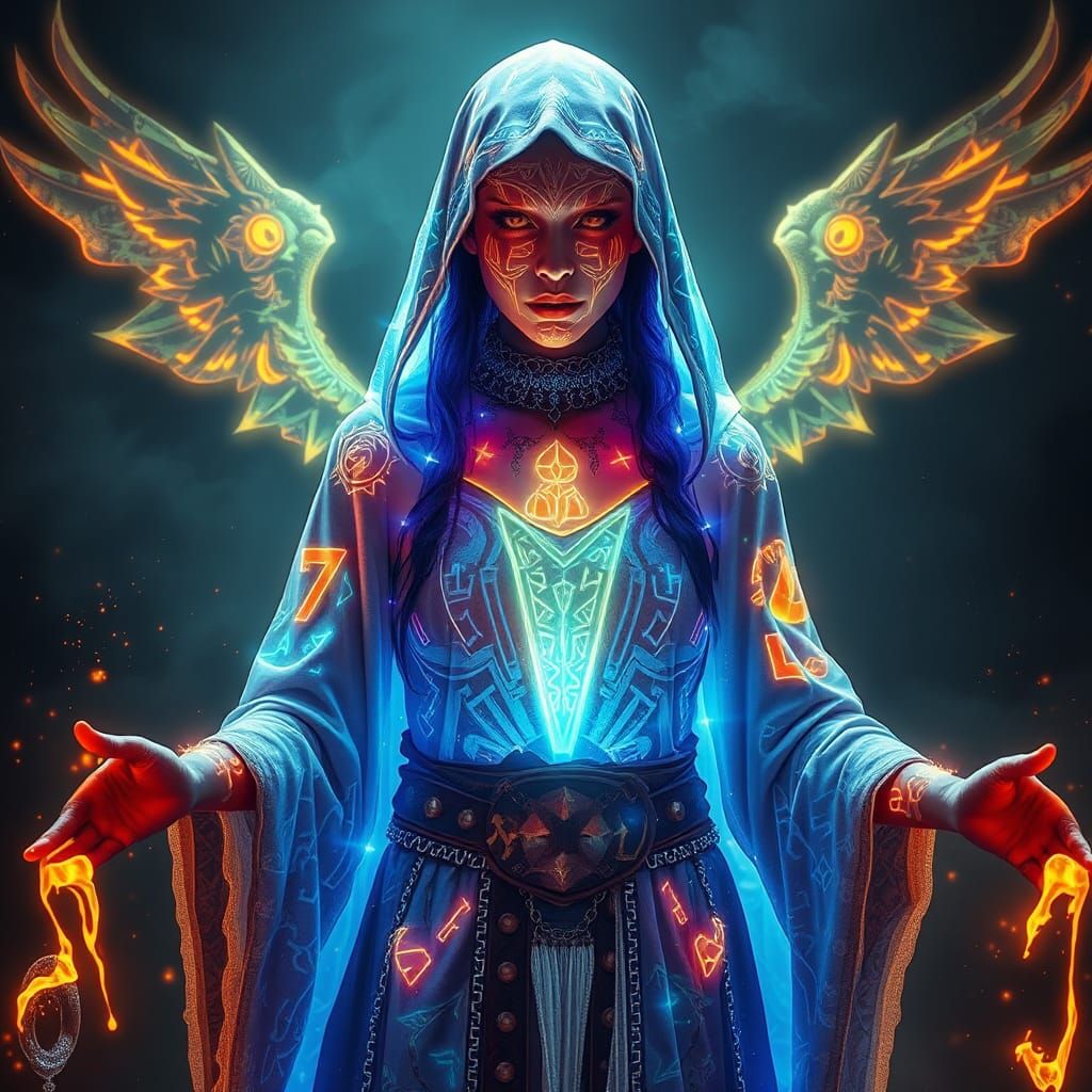 Sorceress in Prismatic Light with Glowing Runes