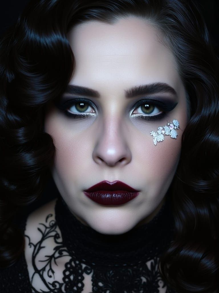 Ethereal 80s Gothic Beauty with Dramatic Makeup